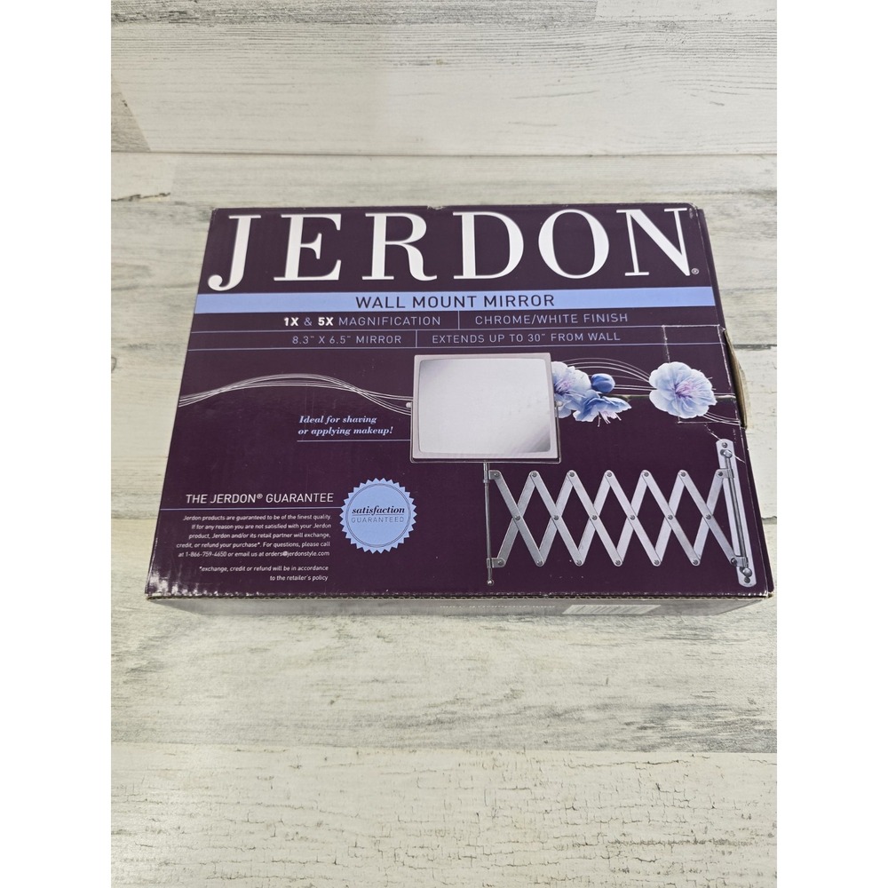 Jerdon Wall Mount Mirror 1X 5X Magnification Chrome White Accordion Arm 30" Ext